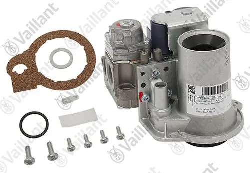 Gasarmatur von Vaillant mit mehreren Anbauteilen, darunter Dichtungen, eine Schraube und eine Montageplatte, klar sichtbar auf hellem Hintergrund.